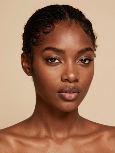 Editorial studio portrait of a Black model with flawless high-definition lace wig, soft gold lighting, warm beige background, 35mm lens