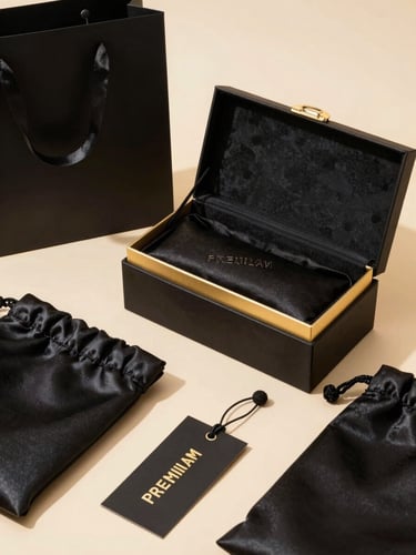 Premium black and gold custom wig boxes, satin bags, and embossed hang tags arranged elegantly