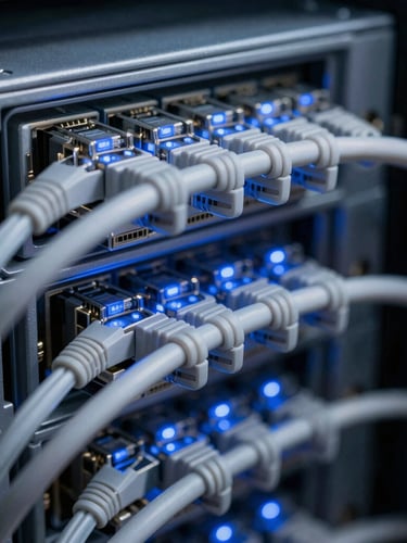 Macro close-up of pristine industrial cable routing inside a server rack, neatly organized ethernet cables glowing with subtle blue LED indicators, metallic gray chassis, cool high-contrast technical lighting, sharp focus, 50mm