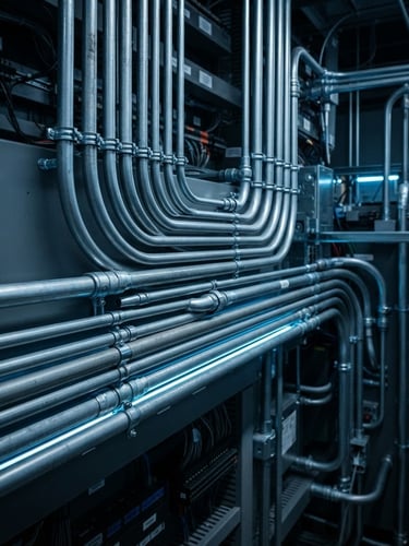 Macro photograph of perfectly routed industrial electrical conduit, sharp metallic gray pipes, parallel lines, cool blue neon highlight, high contrast engineering precision, 50mm