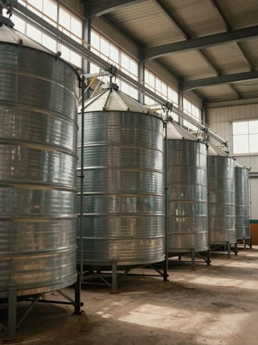 Wide environmental shot of a commercial grain storage facility interior, corrugated steel bins in a row, diffuse north-facing daylight through high clerestory windows, concrete floor with dust detail, no people, muted ochre and gray tones