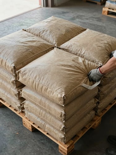 Close overhead view of a loading dock, wooden pallets stacked with large feed bags, a pair of work-gloved hands gripping a bag handle, diffuse warehouse daylight, concrete floor visible, muted tan and gray tones, no faces