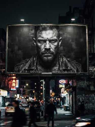 Harsh direct flash photography of a massive street billboard mockup in a gritty urban environment at night, dramatic shadows, 35mm film grain