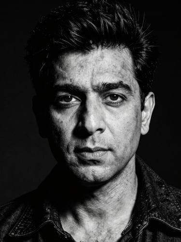 High-contrast black-and-white portrait of Vijay Rajput, harsh direct flash, deep shadows, gritty editorial texture, 35mm film.