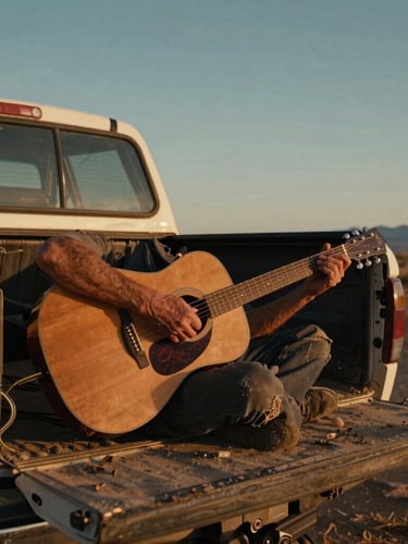 Cinematic wide shot of a guitarist's hands calloused and worn, playing a weathered acoustic guitar on the tailgate of a dusty pickup truck at golden hour sunset