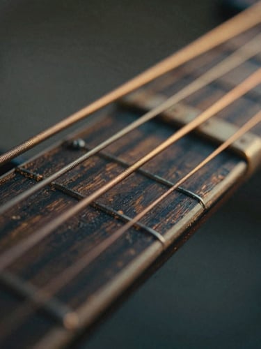 Extreme macro close-up of worn metal guitar strings over a weathered dark wood fretboard, warm golden light catching the copper windings, shallow depth of field.