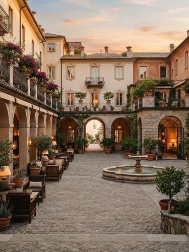 Wide shot of a serene, empty luxury hotel courtyard at golden hour, intricate architectural details, soft shadows, warm light, editorial luxury travel photography.