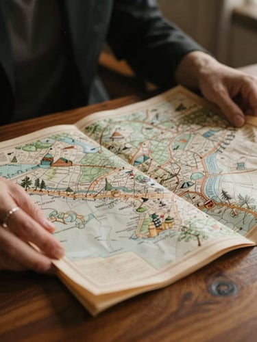 Intimate close-up of elegant hands, one wearing a subtle ring, gently holding a vintage, detailed paper map spread open on a polished wooden table, soft natural light, rich muted tones.