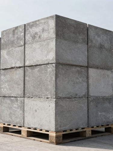 Low-angle heroic shot of stacked concrete blocks on pallets in a massive industrial yard, sharp focus, high-contrast daylight, 35mm lens