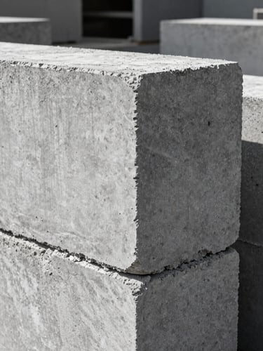 Close-up of high-density concrete blocks showing rough tactile aggregate texture, dramatic daylight highlighting the physical weight and structure, industrial curing chamber in the background