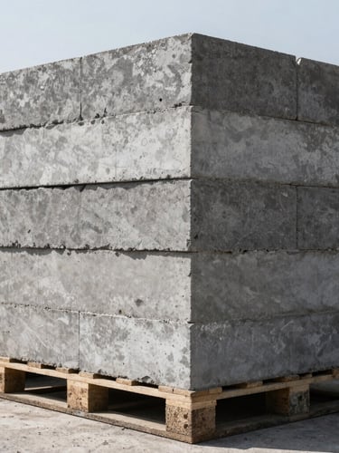 Low-angle heroic shot of stacked concrete blocks on pallets in a sunny Morelia yard, high-contrast daylight, sharp focus on concrete texture.