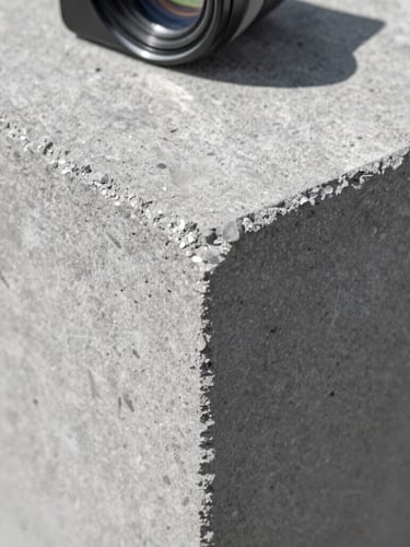 Macro close-up of a custom-engineered concrete precast piece showing dense aggregate texture, sharp industrial daylight, 35mm lens.