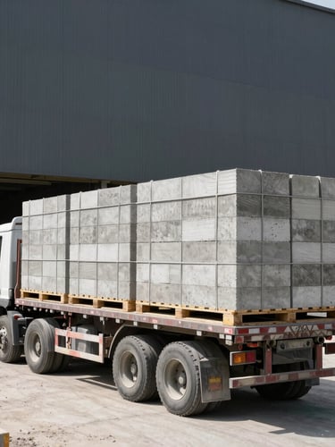 A heavy flatbed truck loaded with neatly strapped pallets of concrete blocks entering a large active construction site, high-contrast daylight, industrial photography