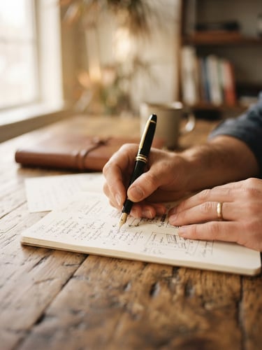 Close-up of hands holding a fountain pen over planning documents on a solid oak table, soft morning window light, shallow depth of field, warm 35mm photography