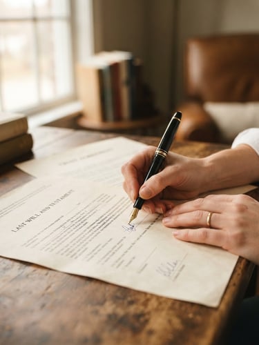 A close-up of hands holding a fountain pen over estate documents, soft warm window light, shallow depth of field, 35mm photography