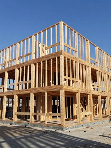 Wide-angle shot of a multi-story wood-framed structure under construction, blue sky background, sharp geometric shadows, active crew members in safety gear.