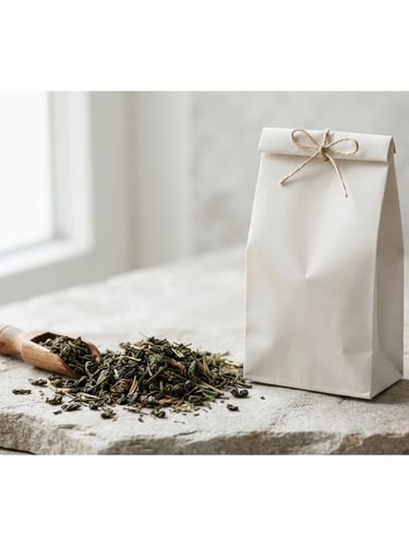 TRINOVA-branded tea packaging with loose dry tea leaves on a minimalist natural stone backdrop, bright natural window light, soft shadows, high detail, 50mm lens. Panoramic 21:9 frame, packaging to the right.