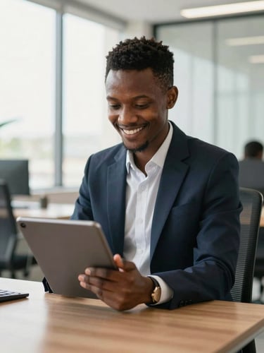 A professional Cameroonian HR recruiter in a bright, modern office in Douala, smiling while looking at a tablet screen, natural daylight.