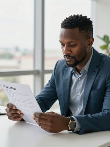 A focused Cameroonian professional in a bright, modern Douala office, reviewing a printed CV with notes, natural window light, medium close-up.