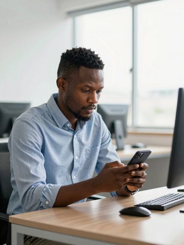 Medium-close shot of a Cameroonian professional in a bright Douala office looking at a smartphone screen, clean natural daylight, modern structured workspace.