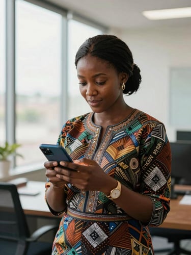 A professional Cameroonian woman in a bright Douala office viewing her smartphone screen, natural window light, focused expression.