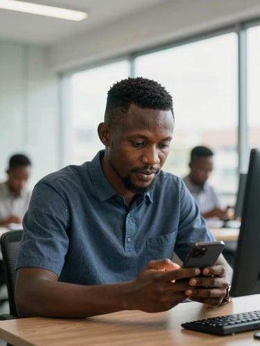 Focused Cameroonian professional using a smartphone in a bright modern Douala office, natural daylight, medium close shot.