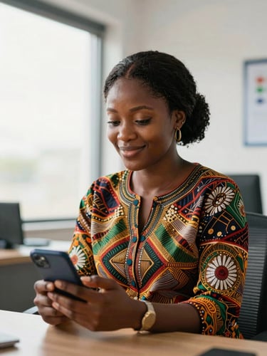 A professional Cameroonian woman in a bright Douala office, holding a smartphone and smiling, natural daylight from a window.