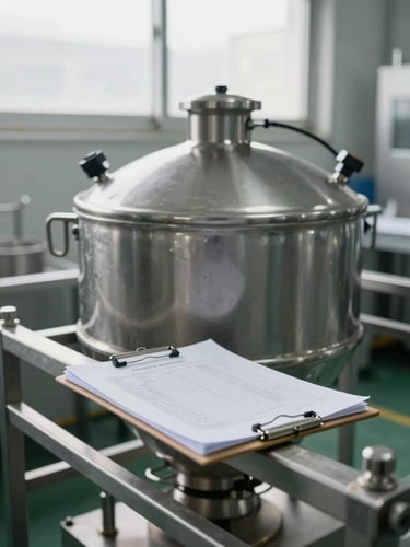 Industrial stainless steel mixing tank and production quality control clipboard in a factory.