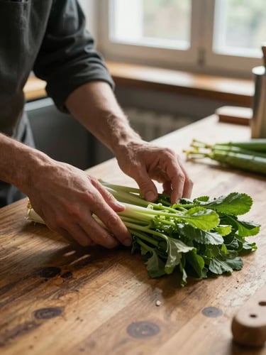 Close-up of hands arranging seasonal vegetables on a worn wooden prep table in a quiet restaurant kitchen, warm north-facing window light raking across the surface, soft shadows, natural textures