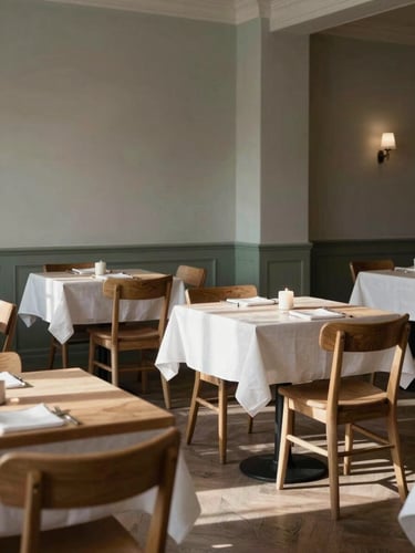 Wide interior of a quiet Scandinavian-style restaurant during off-hours, warm north-facing daylight falling across bare wooden tables and white linen, empty chairs angled softly, a single candle on the far table, muted sage walls in background