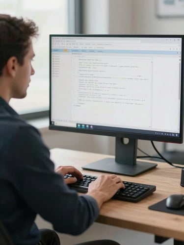 Close medium shot of a consultant at a standing desk, north-facing daylight, a large monitor displaying agent output logs in the background, hands resting on a mechanical keyboard, focused, unposed