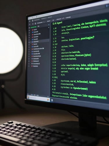 Close-up overhead shot of a terminal screen displaying a live AI agent output log, green text on dark background, clean studio light from the left, a mechanical keyboard partially visible at frame bottom