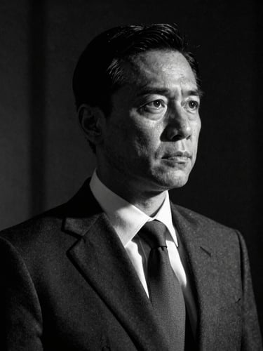 Dramatic low-key black and white portrait of a lead attorney in a tailored suit, looking resolute, sharp side lighting with deep executive shadows, cinematic 35mm