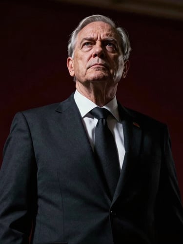 Low-angle dramatic portrait of a resolute senior defense attorney in a tailored dark suit, deep shadows, cinematic lighting, high-contrast, representing authority and discretion