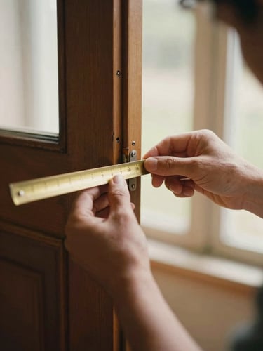 Close-up of craftsman hands measuring a vintage wooden door joint with a classic brass ruler, warm natural window light, shallow depth of field, 35mm film look