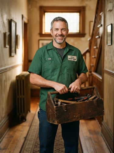 A friendly local handyman in a clean forest green work shirt, holding a classic wooden toolbox, standing in a warm-lit historic hallway, 35mm film look