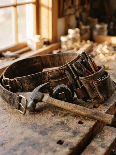 Warm editorial photography of a well-worn leather tool belt resting on a rustic wooden workbench, natural golden-hour daylight filtering through a window, shallow depth of field, 35mm film look.