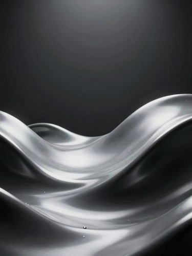 Extreme macro 3D render of liquid metal waves clashing with high-contrast studio spotlight, dark background, octane render, 8k