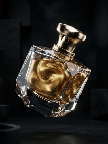 Sleek 3D render of a floating glass and liquid gold perfume bottle, dramatic high-contrast studio lighting, deep shadows, octane render, 8k