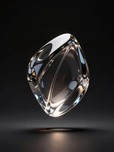 Sleek 3D render of a floating glass sculpture with internal liquid light, dramatic dark studio setting, high contrast chiaroscuro, deep shadows, octane render, 8k