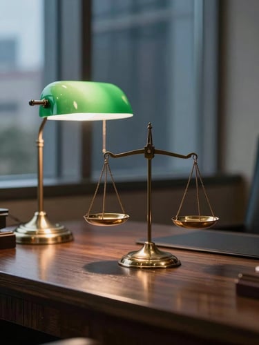 Warm editorial photography of a prestigious lawyer wood desk, classic green banker lamp, brass scales of justice, soft corporate window light, shallow depth of field, 35mm