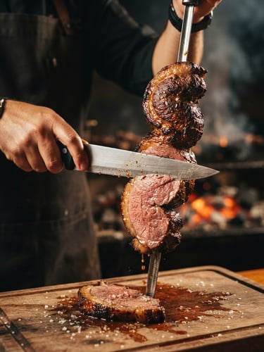 Close-up of a prime picanha skewer being sliced by a chef, juice glistening on the meat, glowing embers and soft smoke in the dark background, warm golden-hour lighting, shallow depth of field, 35mm