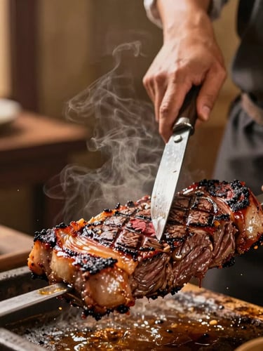 Close-up of a professional churrasqueiro slicing a perfectly grilled, juicy picanha steak from a large metal skewer, steam rising, warm rustic background, shallow depth of field