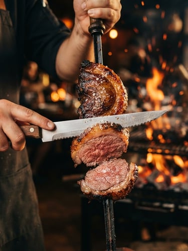 Warm editorial food photography, close-up of a premium picanha skewer being sliced, coarse salt glistening on the golden-brown crust, glowing embers in the background, golden-hour light, shallow depth of field, 35mm