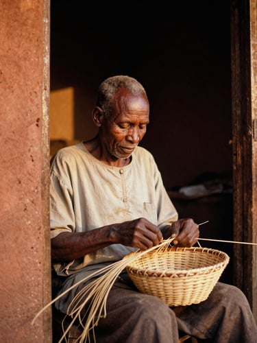 Candid portrait of an elder East African artisan weaving a traditional basket under the soft golden hour light of a workshop doorway, rich terracotta tones, high-contrast shadows, 35mm film texture.
