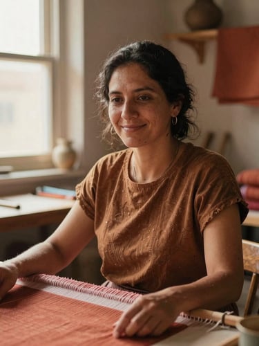 Candid environmental portrait of a local female artisan smiling softly, natural window light illuminating her face and her textile workshop, warm earth colors, authentic and respectful.