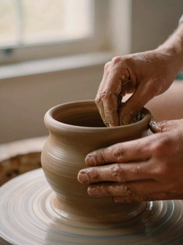 Close-up of hands shaping a terracotta clay pot, soft natural window light, shallow depth of field, warm earthy tones, 35mm film texture.