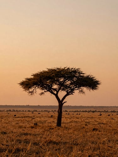 Warm golden hour light flooding a wide Serengeti landscape, a single acacia tree silhouetted against a dusty terracotta sky, minimalist editorial framing.