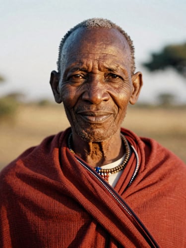 Candid close-up portrait of a Maasai elder smiling gently, warm golden-hour light highlighting the textures of his clothing, soft out-of-focus savanna background, 35mm film style