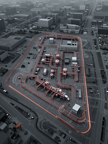 Technical engineering blueprint of a closed-loop cooling system overlaid on a terrain map of an industrial parcel, sharp copper-orange lines on a cool gray background